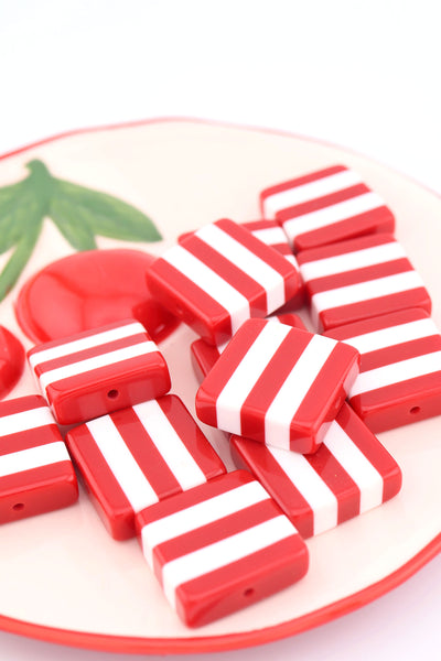 Beach Towel Stripe Red & White Italian Poly Resin Square Bead, 25mm, 1 Bead for making DIY Fisherman Aesthetic summer charm jewelry