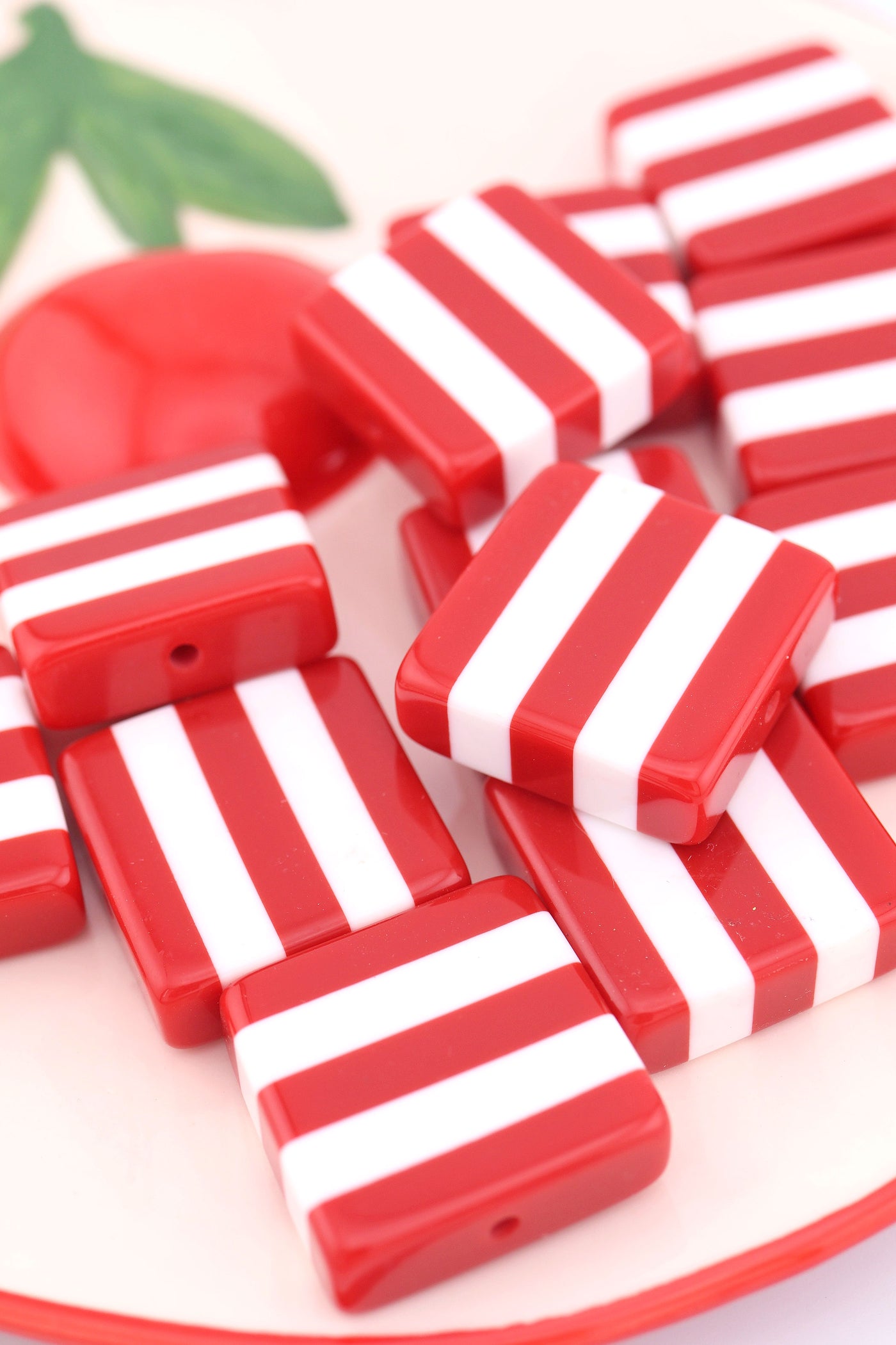 Beach Towel Stripe Red & White Italian Poly Resin Square Bead, 25mm, 1 Bead for making DIY Fisherman Aesthetic summer charm jewelry