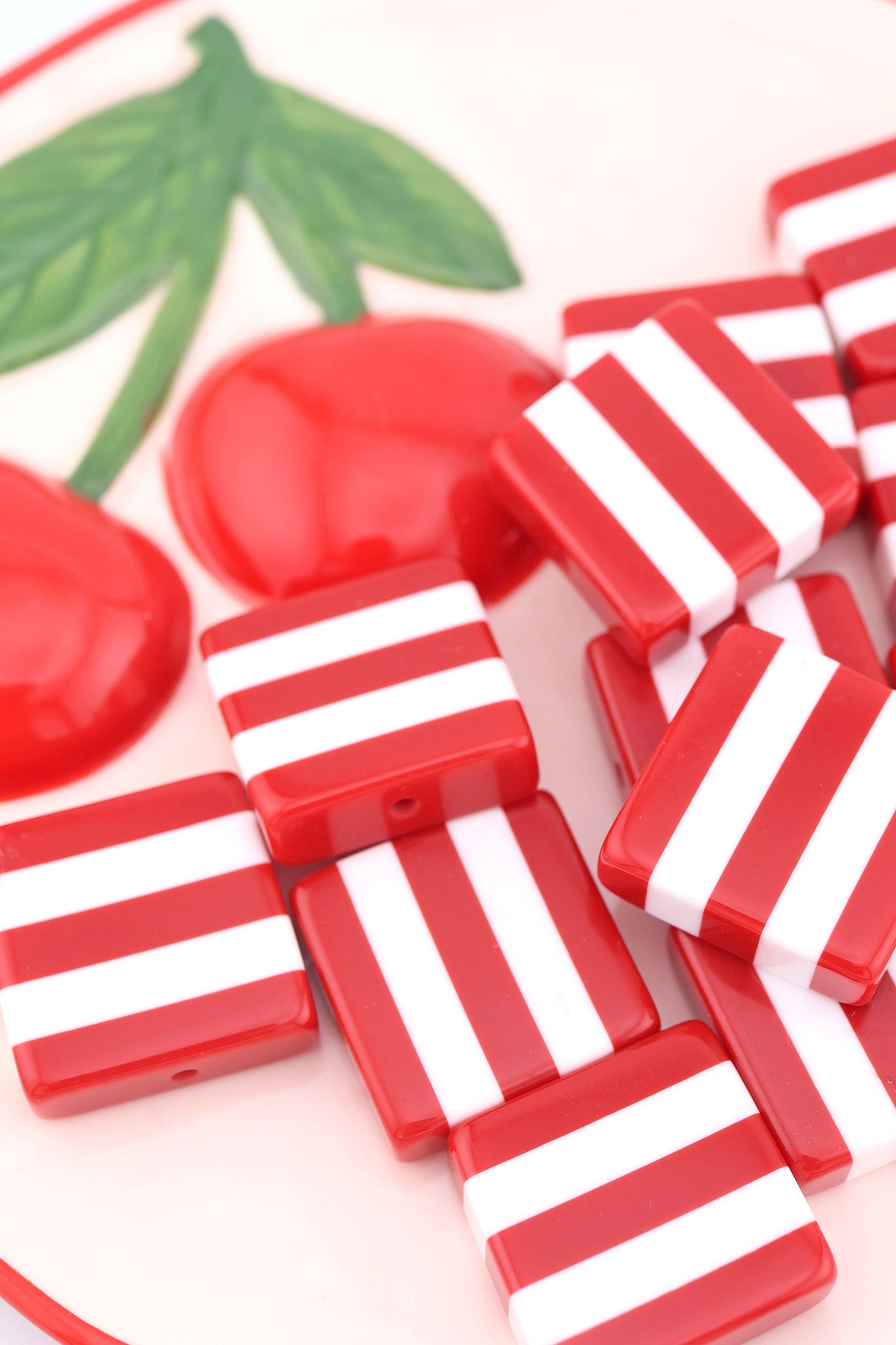 Beach Towel Stripe Red & White Italian Poly Resin Square Bead, 25mm, 1 Bead for making DIY Fisherman Aesthetic summer charm jewelry