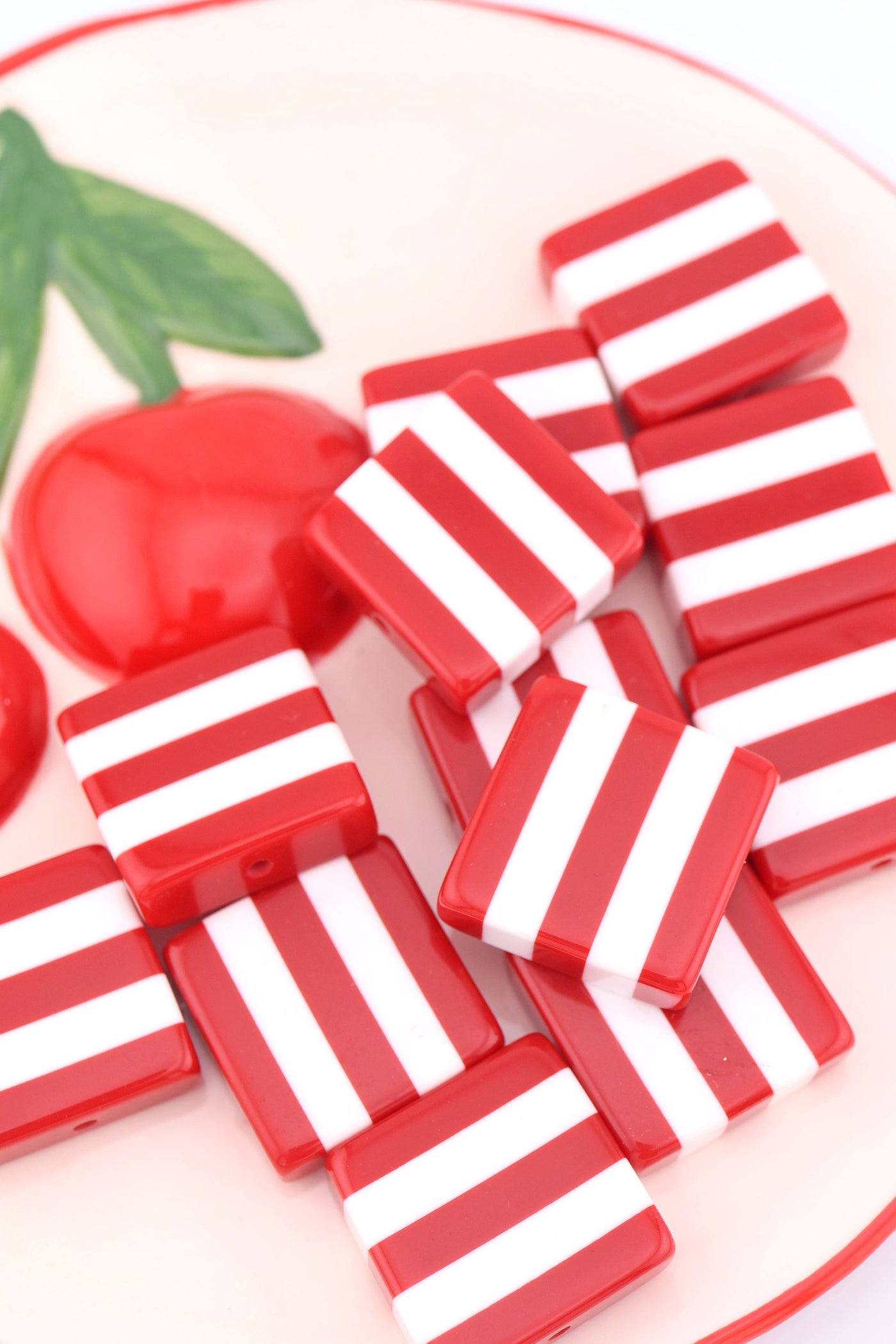 Beach Towel Stripe Red & White Italian Poly Resin Square Bead, 25mm, 1 Bead for making DIY Fisherman Aesthetic summer charm jewelry