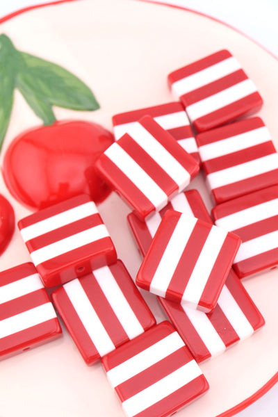 Beach Towel Stripe Red & White Italian Poly Resin Square Bead, 25mm, 1 Bead for making DIY Fisherman Aesthetic summer charm jewelry