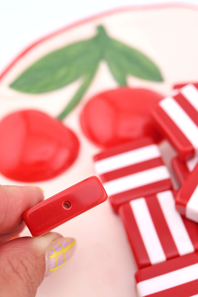 Beach Towel Stripe Red & White Italian Poly Resin Square Bead, 25mm, 1 Bead for making DIY Fisherman Aesthetic summer charm jewelry