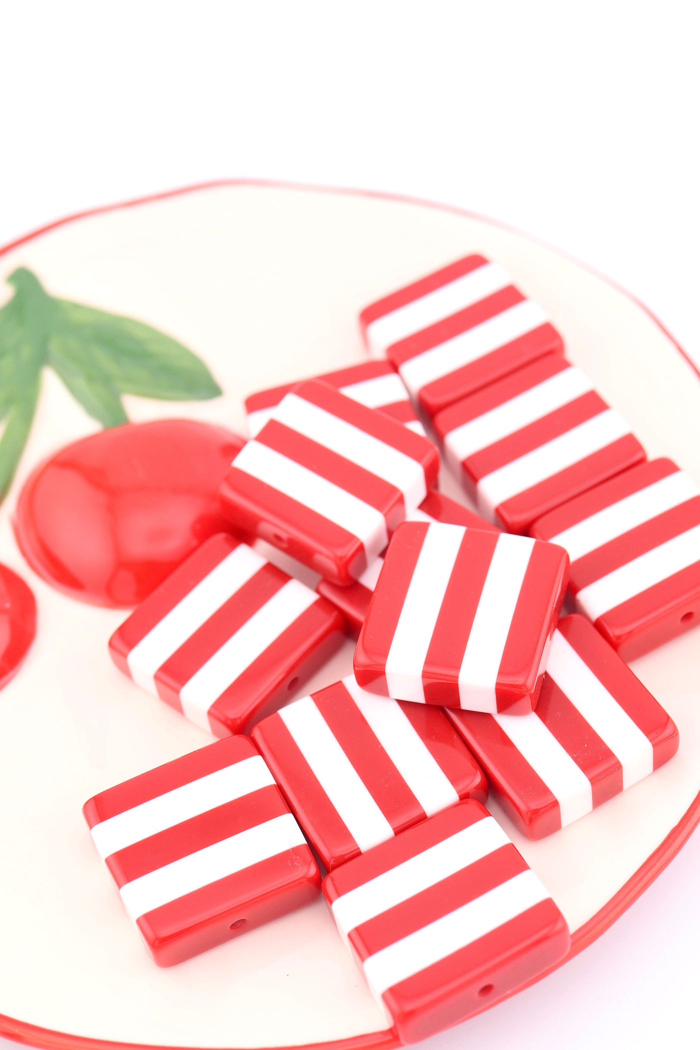 Beach Towel Stripe Red & White Italian Poly Resin Square Bead, 25mm, 1 Bead for making DIY Fisherman Aesthetic summer charm jewelry