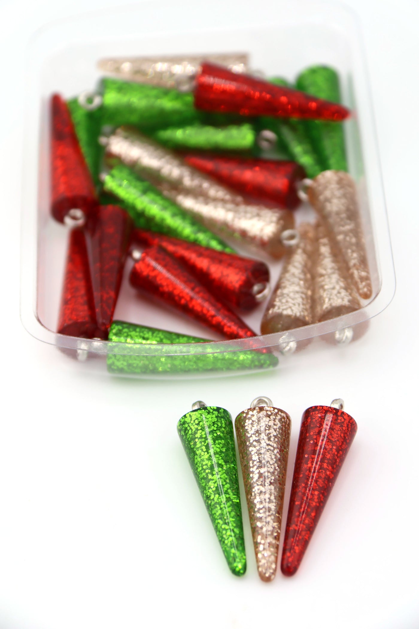 30mm Retro Christmas Glittery Cone Charms in Red, Green, Champagne