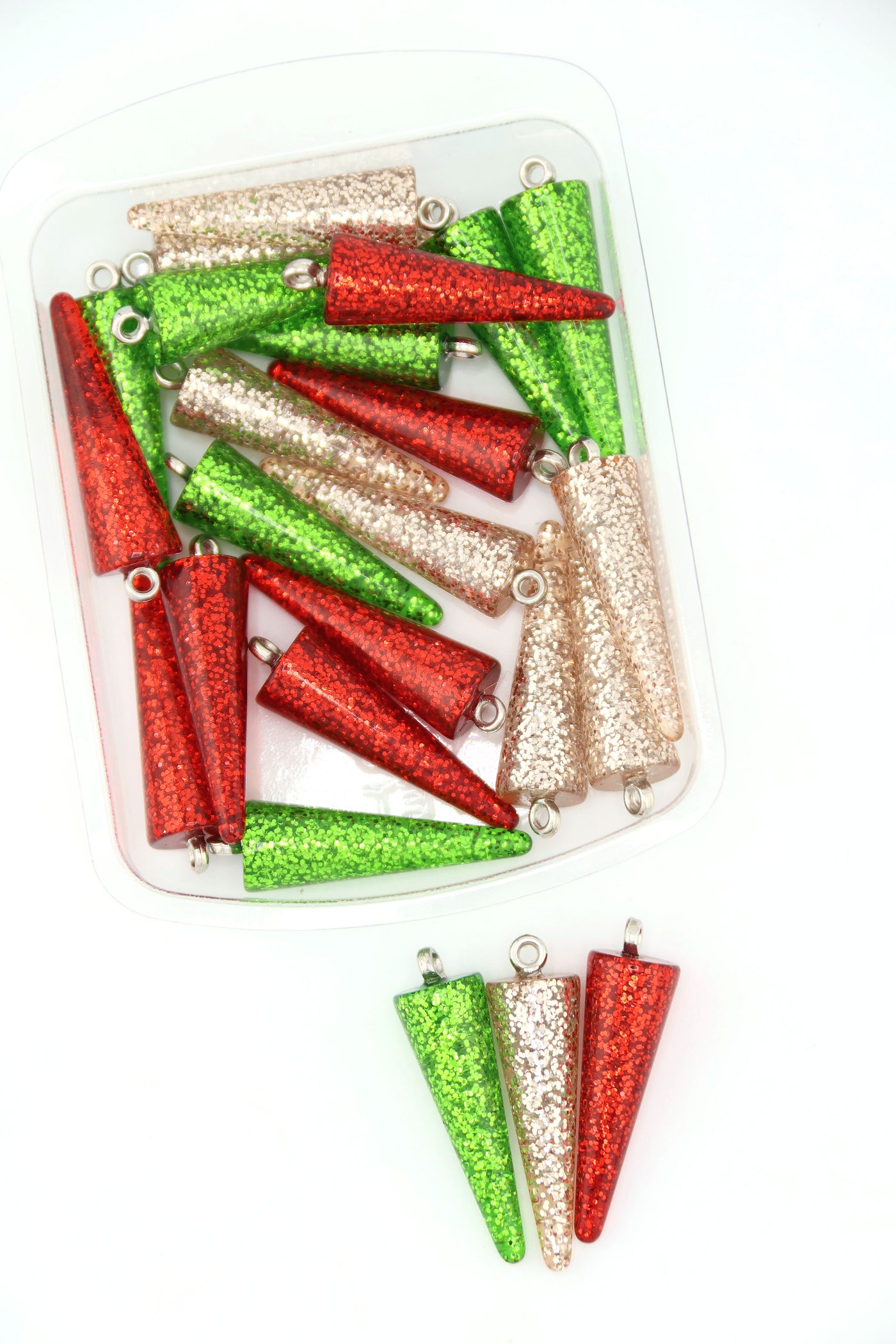 30mm Retro Christmas Glittery Cone Charms in Red, Green, Champagne