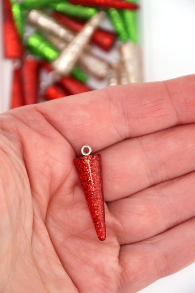 30mm Retro Christmas Glittery Cone Charms in Red, Green, Champagne