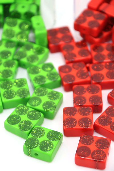 20mm Retro Christmas Glittery Polka Dot Square Beads in Red & Green