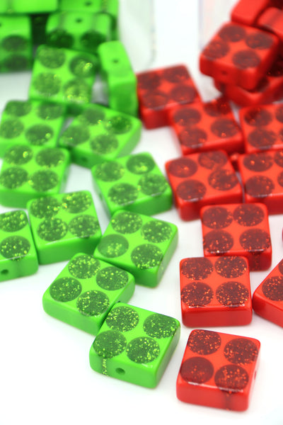 20mm Retro Christmas Glittery Polka Dot Square Beads in Red & Green