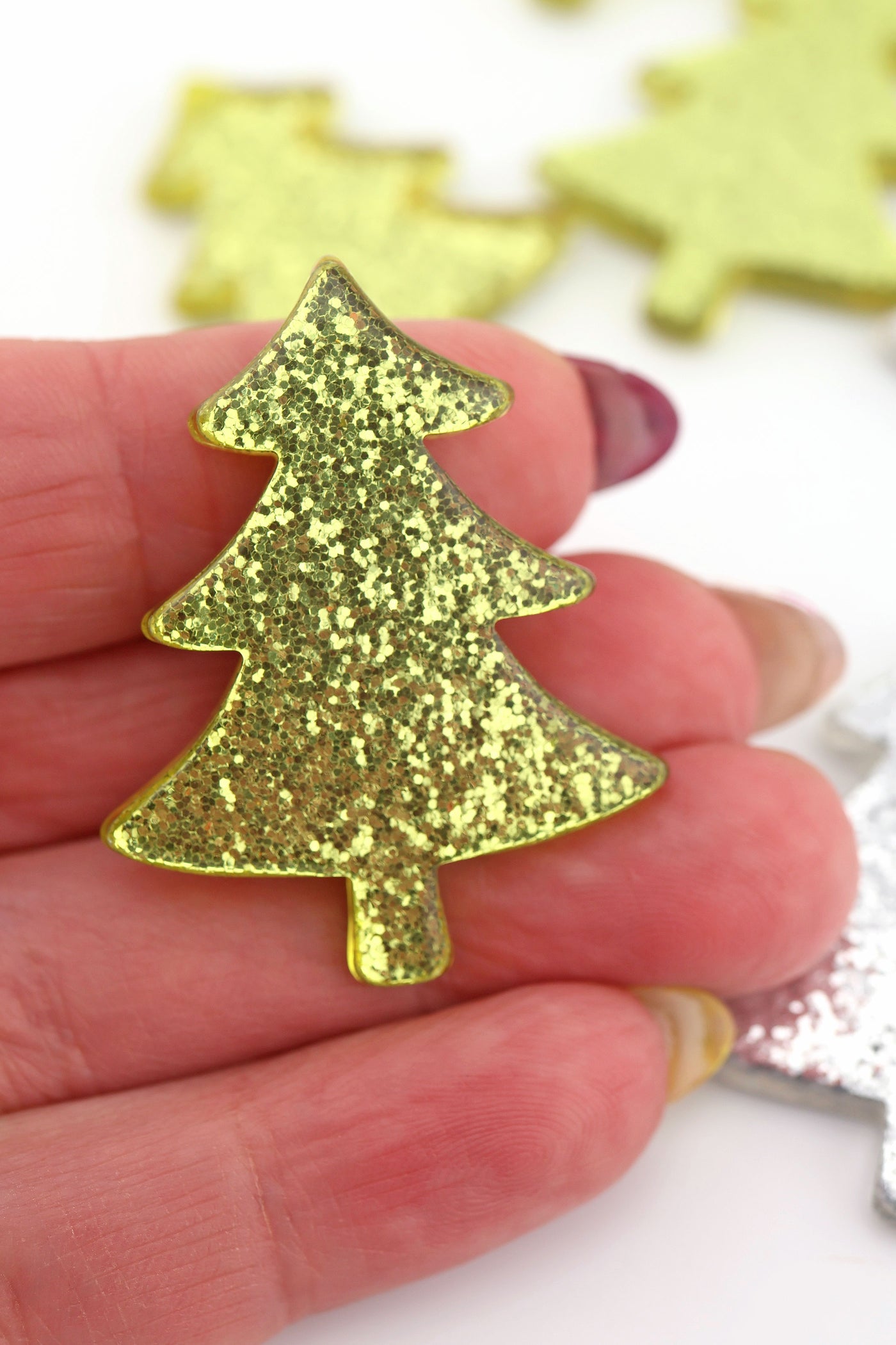 1.5" Retro Christmas Glittery Tree Charms, Italian Resin in Silver and Gold