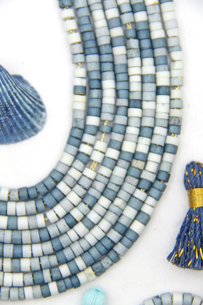 Shades of Blue Bone Spacer Beads: 5x4mm Multi Colored Heishi Discs, Artisan Made