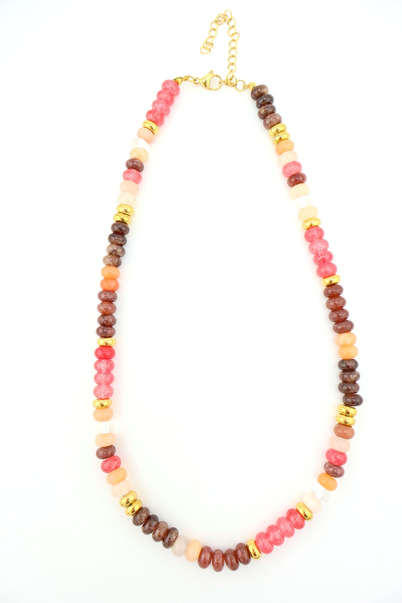 Rose: Warm Hues Gemstone Necklace: Pink, Brown, Gold Colorblock, Adjustable jade & Semi-precious