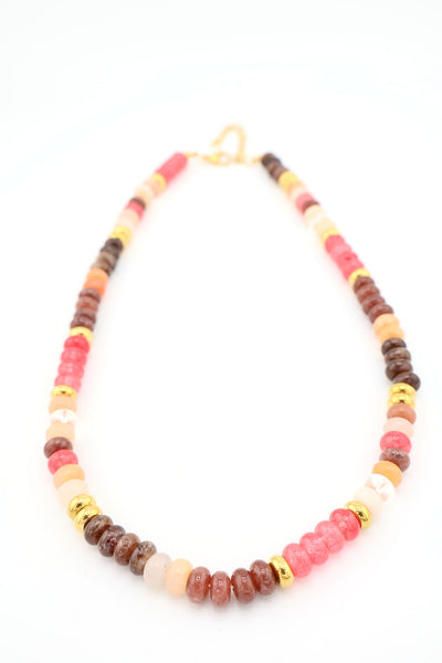 Rose: Warm Hues Gemstone Necklace: Pink, Brown, Gold Colorblock, Adjustable jade & Semi-precious