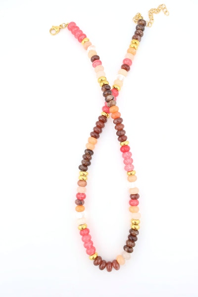 Rose: Warm Hues Gemstone Necklace: Pink, Brown, Gold Colorblock, Adjustable jade & Semi-precious