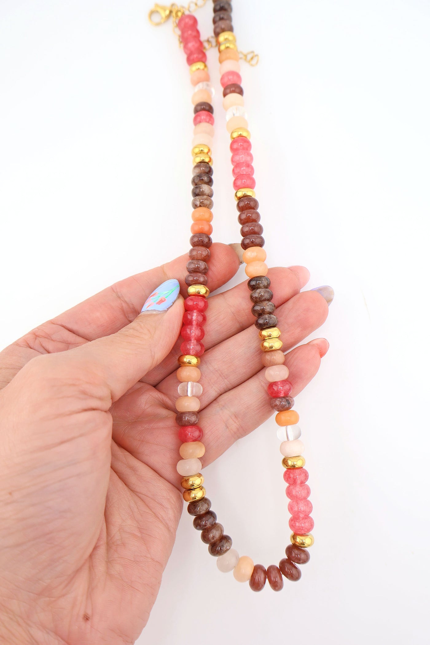 Rose: Warm Hues Gemstone Necklace: Pink, Brown, Gold Colorblock, Adjustable jade & Semi-precious