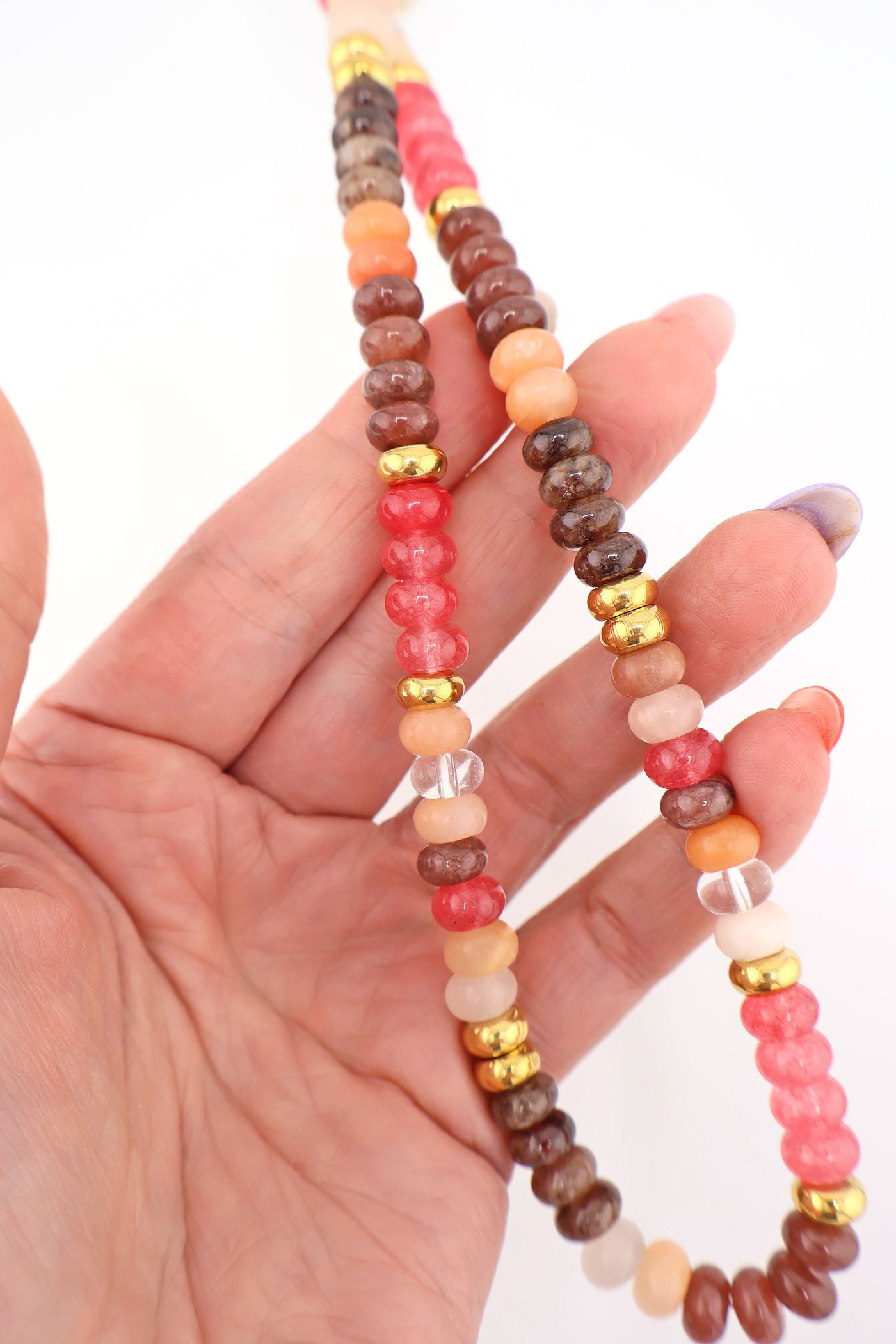 Rose: Warm Hues Gemstone Necklace: Pink, Brown, Gold Colorblock, Adjustable jade & Semi-precious