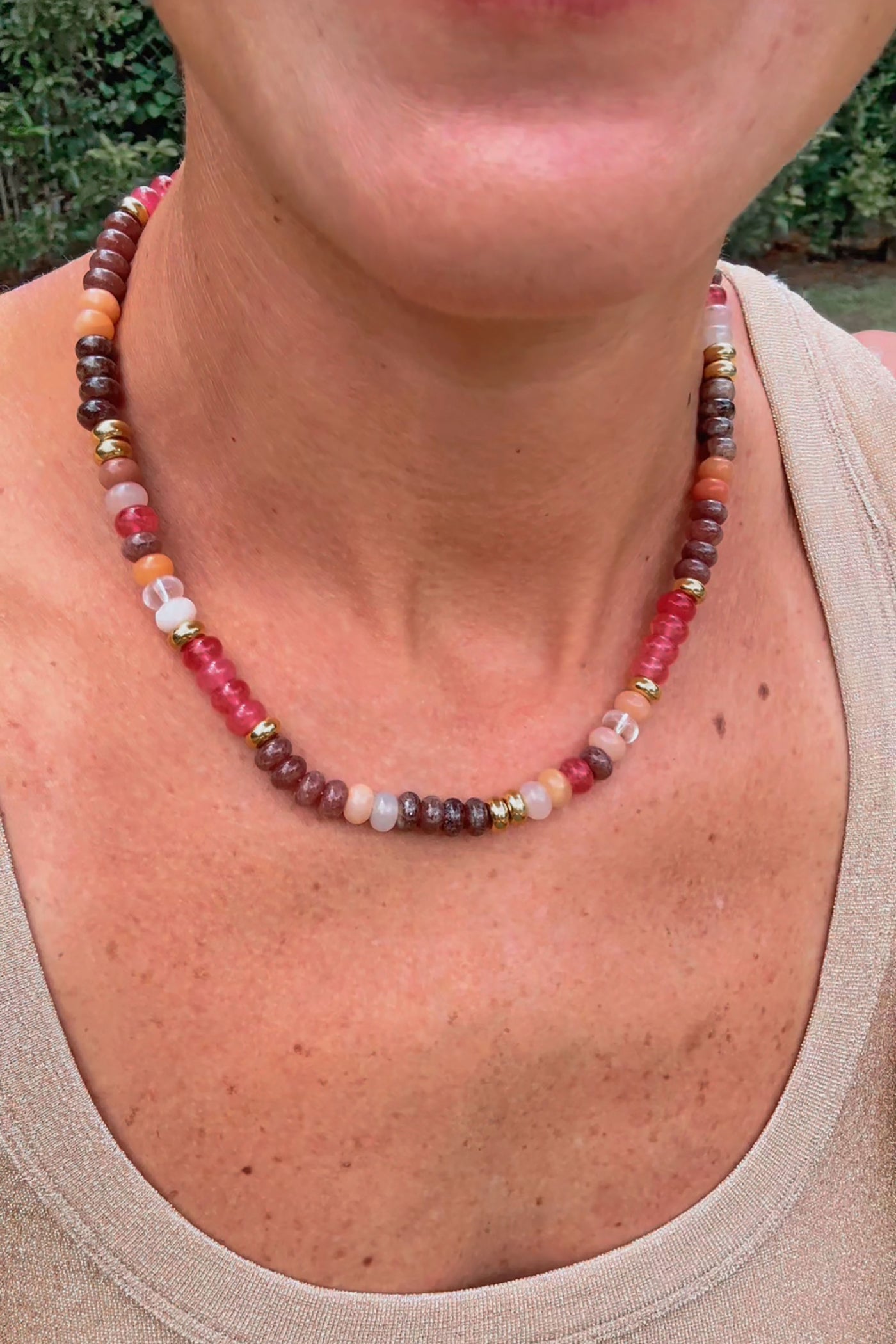 Rose: Warm Hues Gemstone Necklace: Pink, Brown, Gold Colorblock, Adjustable