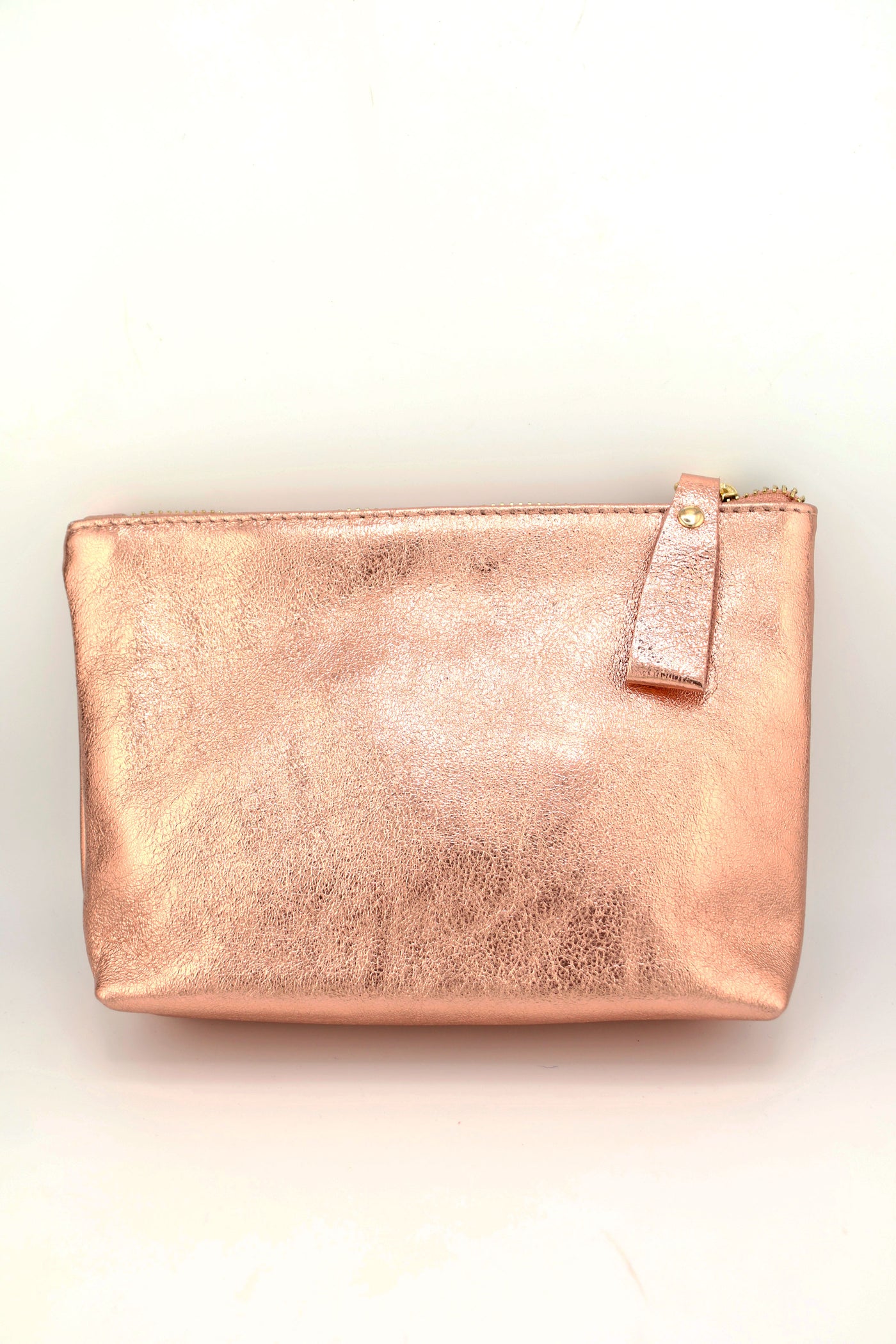 Rose Gold Metallic Italian Leather Zipper Pouch, Purse, 8" Soft Real Leather Cosmetic Pouch