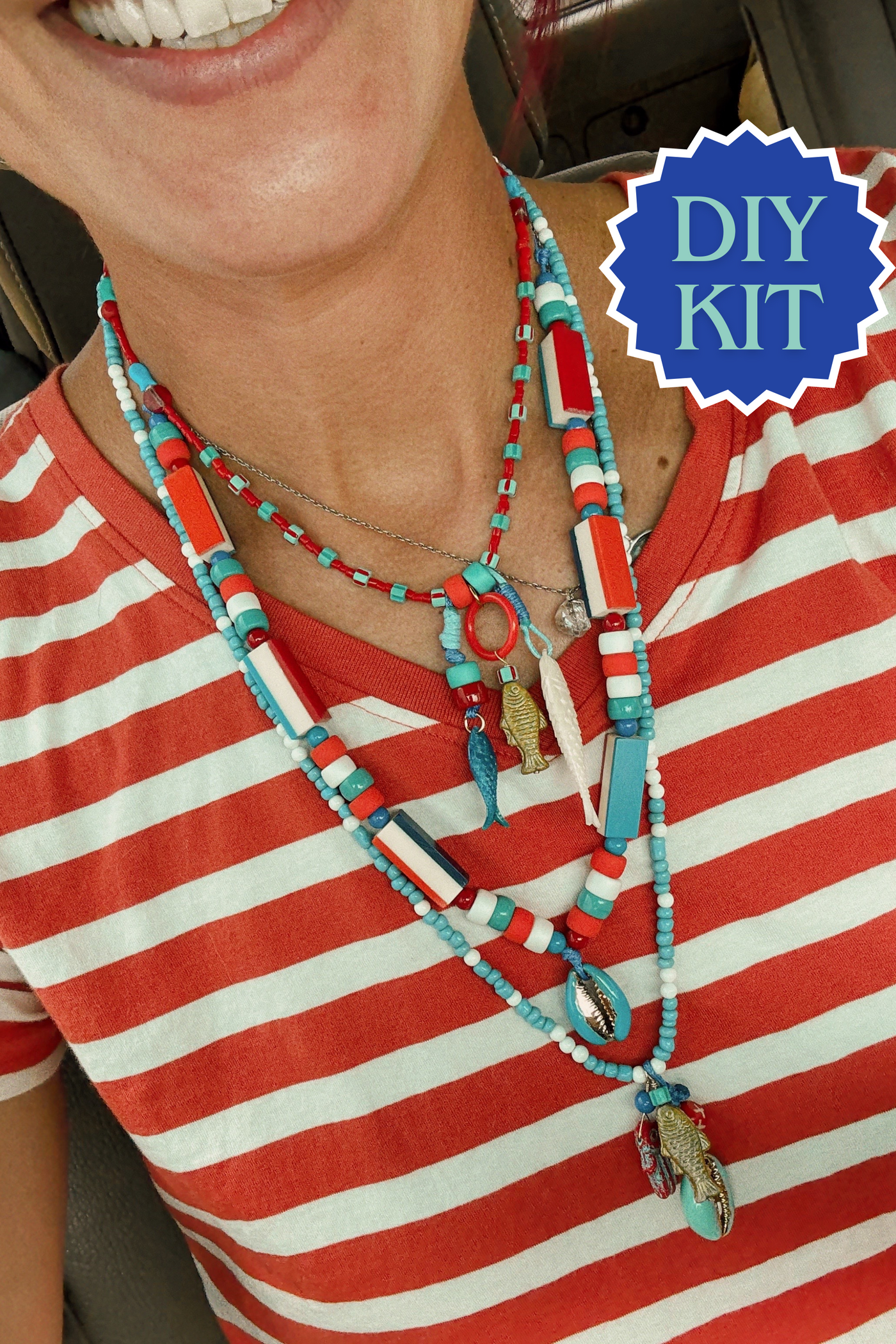 European Summer Aesthetic, Sardine Girl Summer DIY Jewelry Kit in red, turquoise, and white, image shows samples