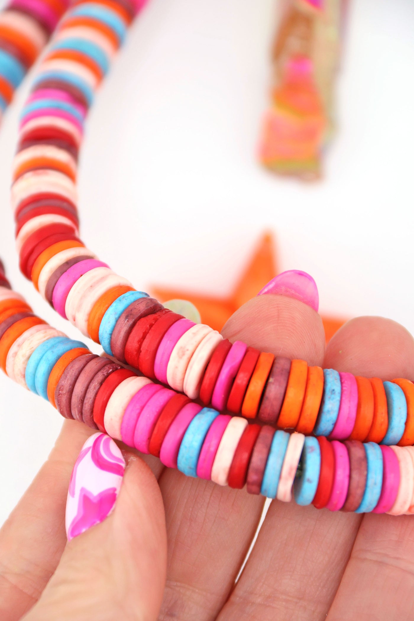 10mm Orange, Pink, Multi Color Heishi Spacer Beads, Long Necklace