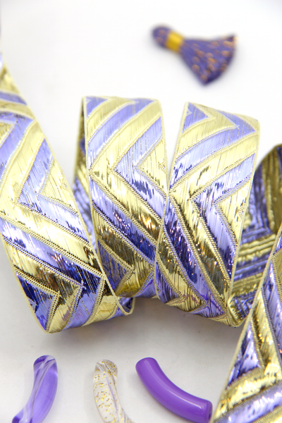 Shimmery Chevron Lavender & Gold Jacquard Ribbon, 1"  wide sparkly sewing trim, Sari Border 