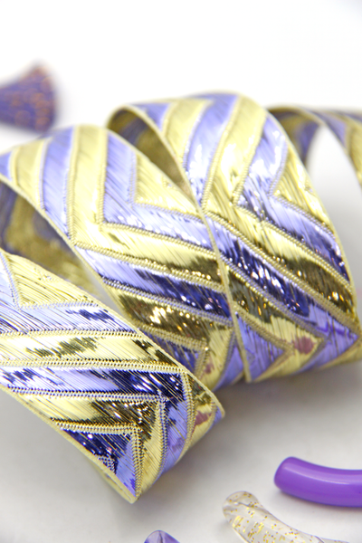 Shimmery Chevron Lavender & Gold Jacquard Ribbon, 1"  wide sparkly sewing trim, Sari Border 