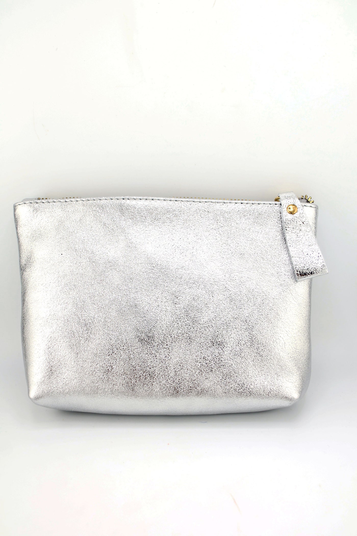 Silver Metallic Italian Leather Zipper Pouch, Purse, 8" Soft Real Leather Cosmetic Pouch