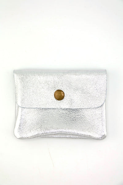 Silver Metallic Italian Leather Coin Purse, 3 Compartments, Zipper Pocket. Real Italian Leather 