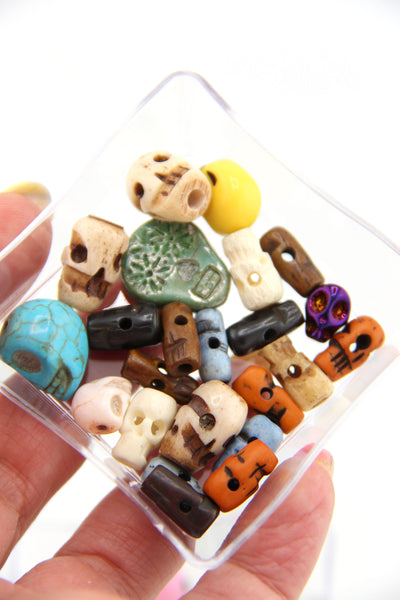 Skull Bead Grab Bag, Bone, Magnesite, Assorted Colors & Sizes for making Halloween and Skull DIY Jewelry