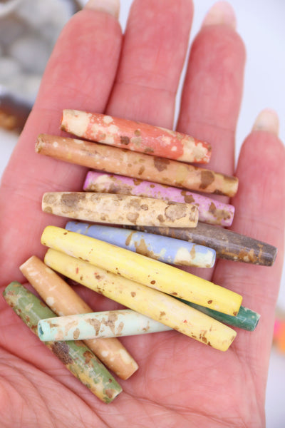  Hand-dyed speckled hairpipe bone beads in earthy mixed colors. 1.5” long, ethically sourced, artisan-made in India—perfect for boho jewelry