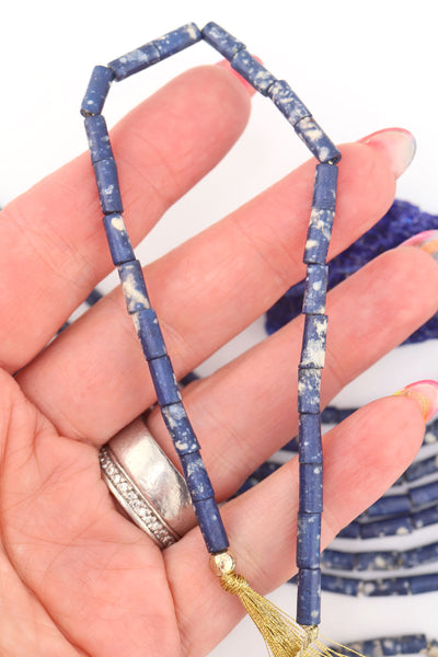 Navy Blue Speckled Bone Tube Beads, 4x9mm Handcrafted in India, for DIY Jewelry 