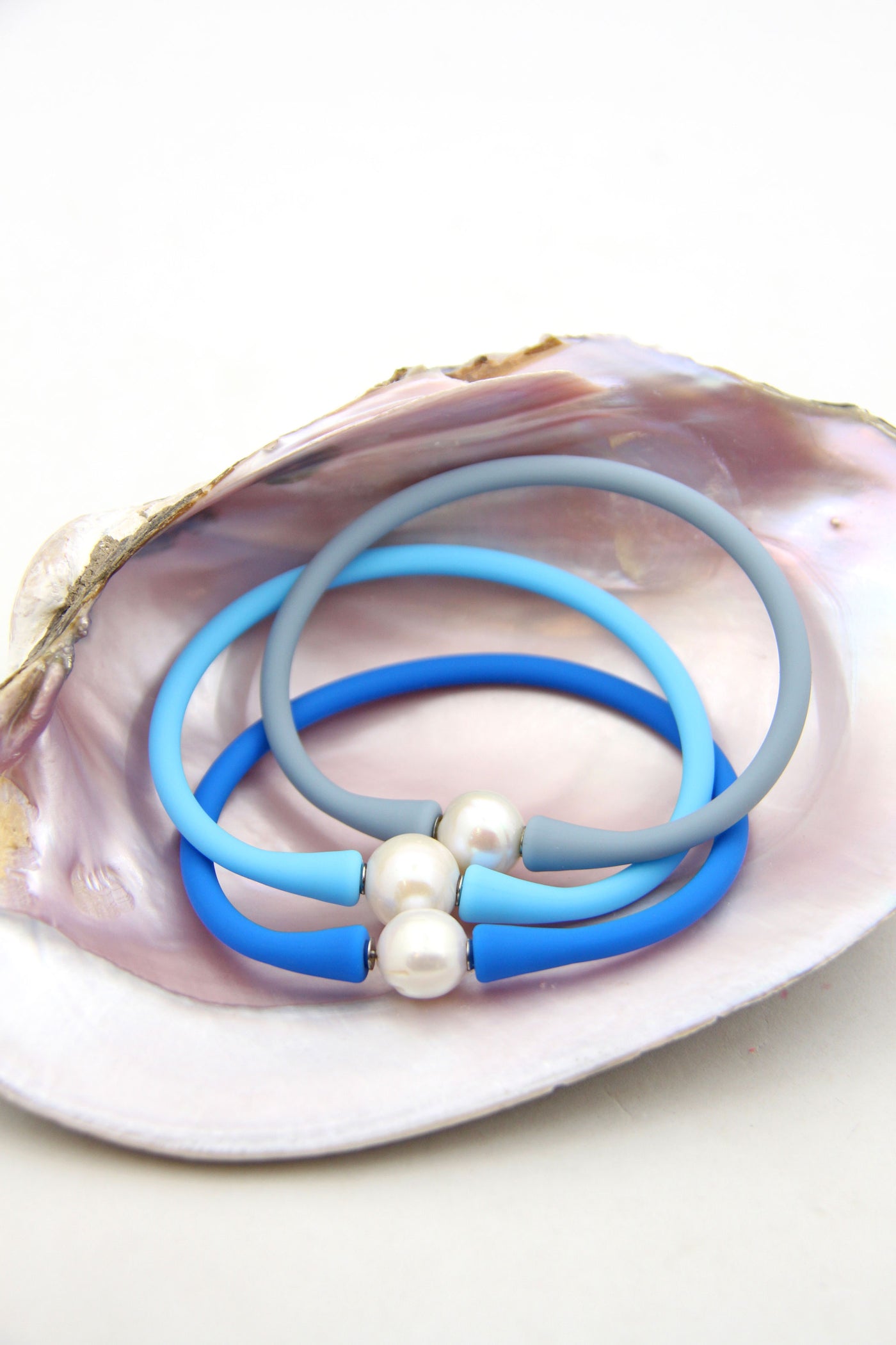 Splash Bracelet Set: Blue Silicone & Pearl Waterproof Bangles, Mermaidcore Jewelry