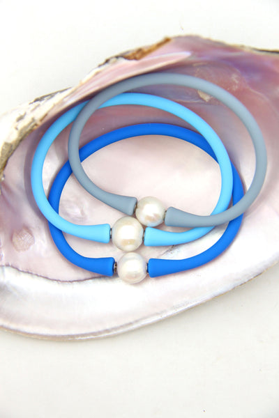 Splash Bracelet Set: Blue Silicone & Pearl Waterproof Bangles