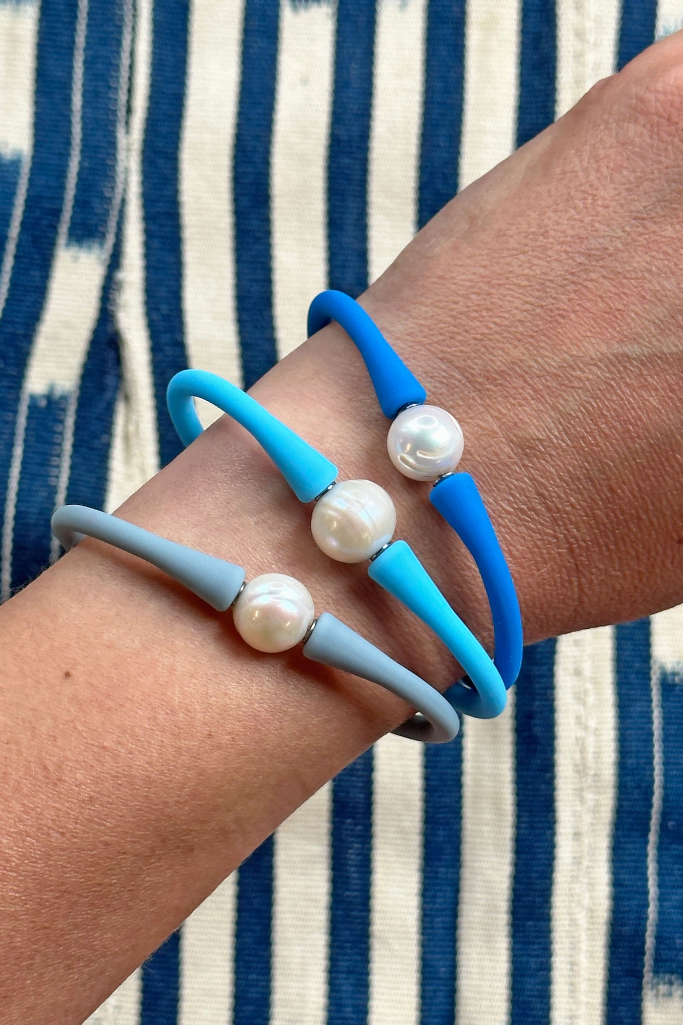 Splash Bracelet Set: Blue Silicone & Pearl Waterproof Bangles, 