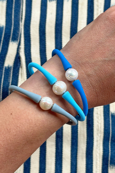 Splash Bracelet Set: Blue Silicone & Pearl Waterproof Bangles, 