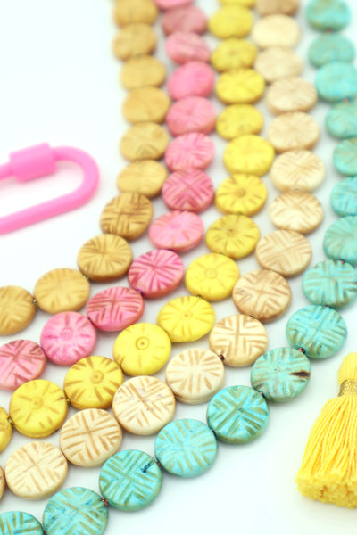 Spring Pastel Carved Coin Bone Bead, 14mm, 16 pieces