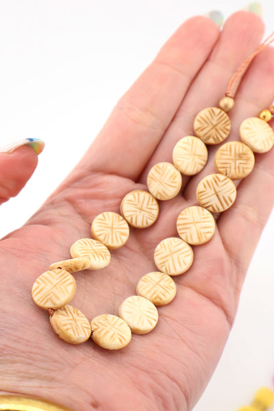 Spring Pastel Carved Coin Bone Bead, 14mm, 16 pieces