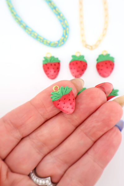 Strawberry Polymer Clay Charm, 16ymm, 1 Handmade Pendant for making fruit charm DIY jewelry