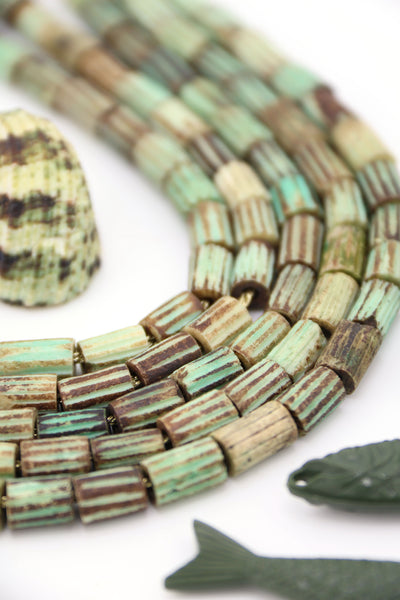 Mint Green Striped Carved Tube Bone Beads, 6x9mm, Fisherman Aesthetic DIY jewelry, 25 pcs. 