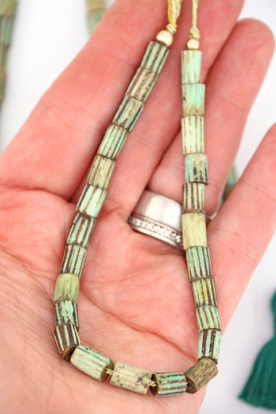 Mint Green Striped Carved Tube Bone Beads, 6x9mm, Fisherman Aesthetic DIY jewelry, 25 pcs. 