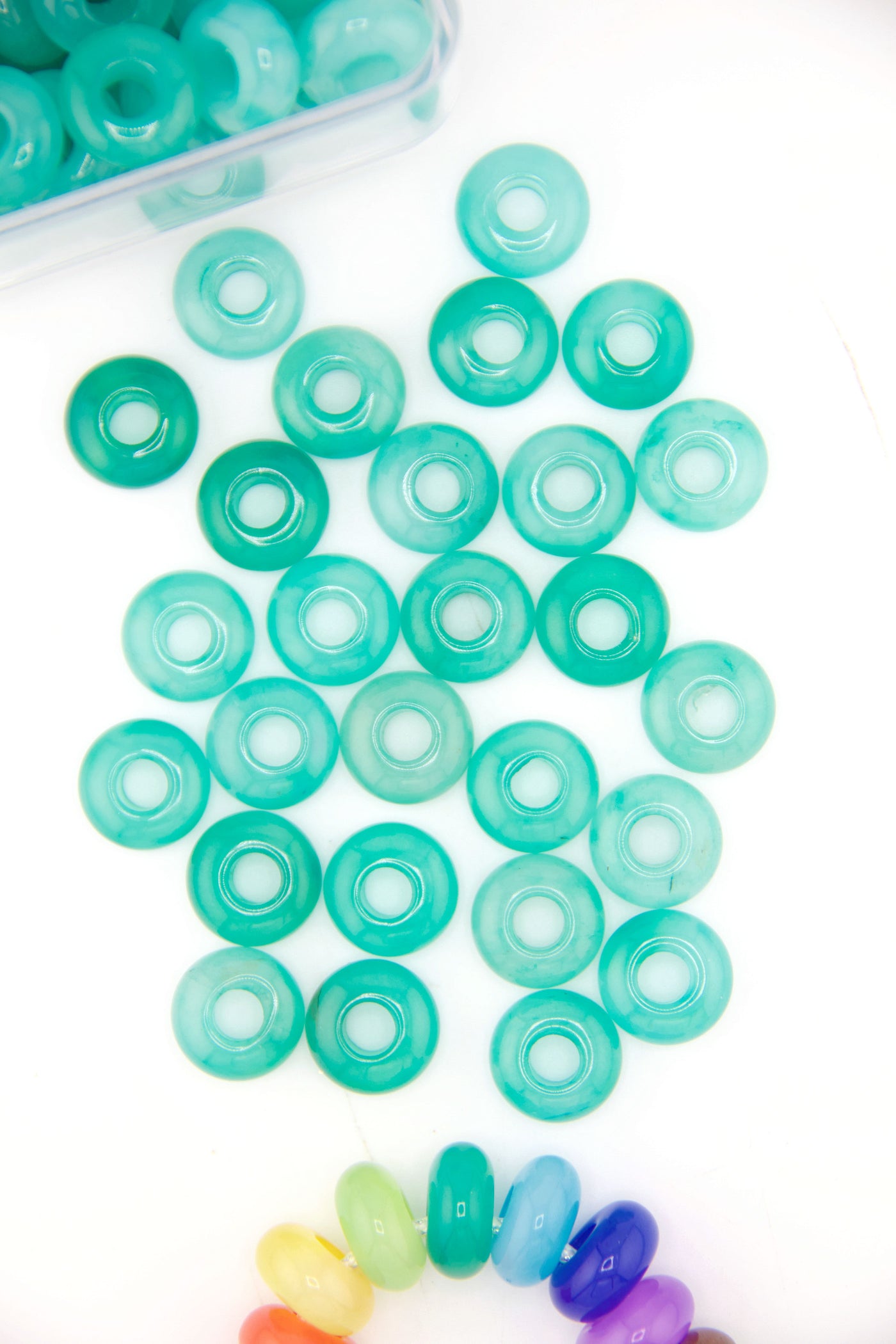 Teal Candy Jade Large Hole Euro Beads, Slider Beads, 15mm, 5mm Hole