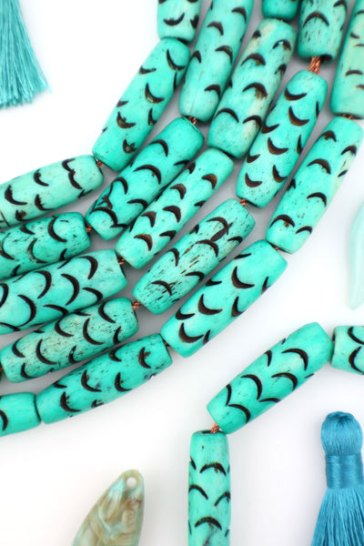 Mermaid Bone Beads: Carved Teal Barrel Tube Beads, 8x12mm Make mermaidcore DIY jewelry