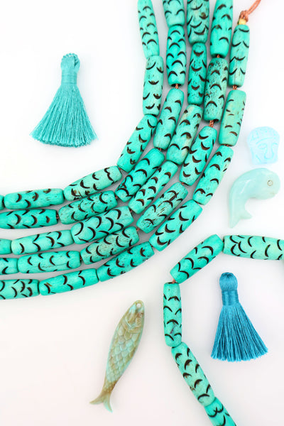 Mermaid Bone Beads: Carved Teal Barrel Tube Beads, 8x12mm Make mermaidcore DIY jewelry