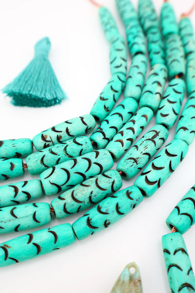 Mermaid Bone Beads: Carved Teal Barrel Tube Beads, 8x12mm Make mermaidcore DIY jewelry