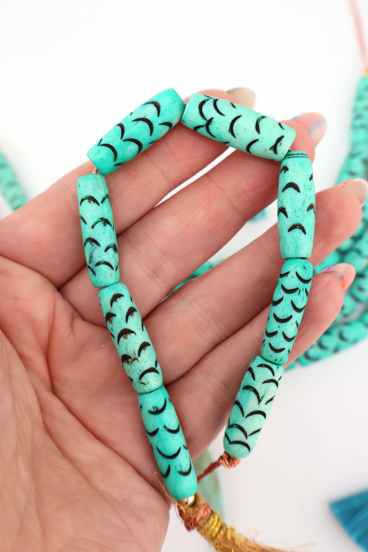 Mermaid Bone Beads: Carved Teal Barrel Tube Beads, 8x12mm Make mermaidcore DIY jewelry