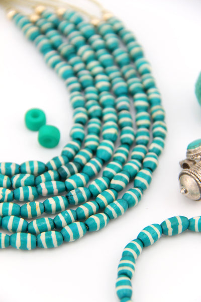 Teal & Cream Stripes: Oval Bone Beads, 6x10mm, 20 Pieces