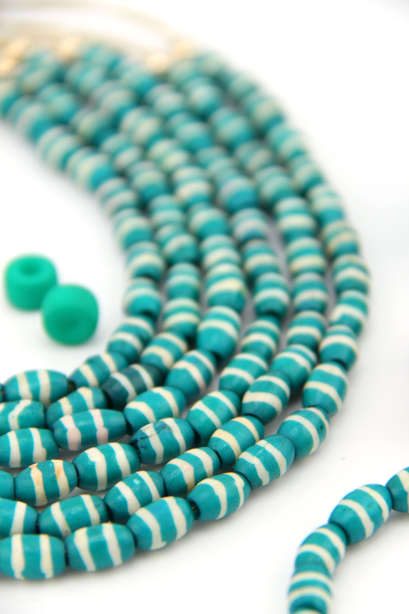 Teal & Cream Stripes: Oval Bone Beads, 6x10mm, 20 Pieces