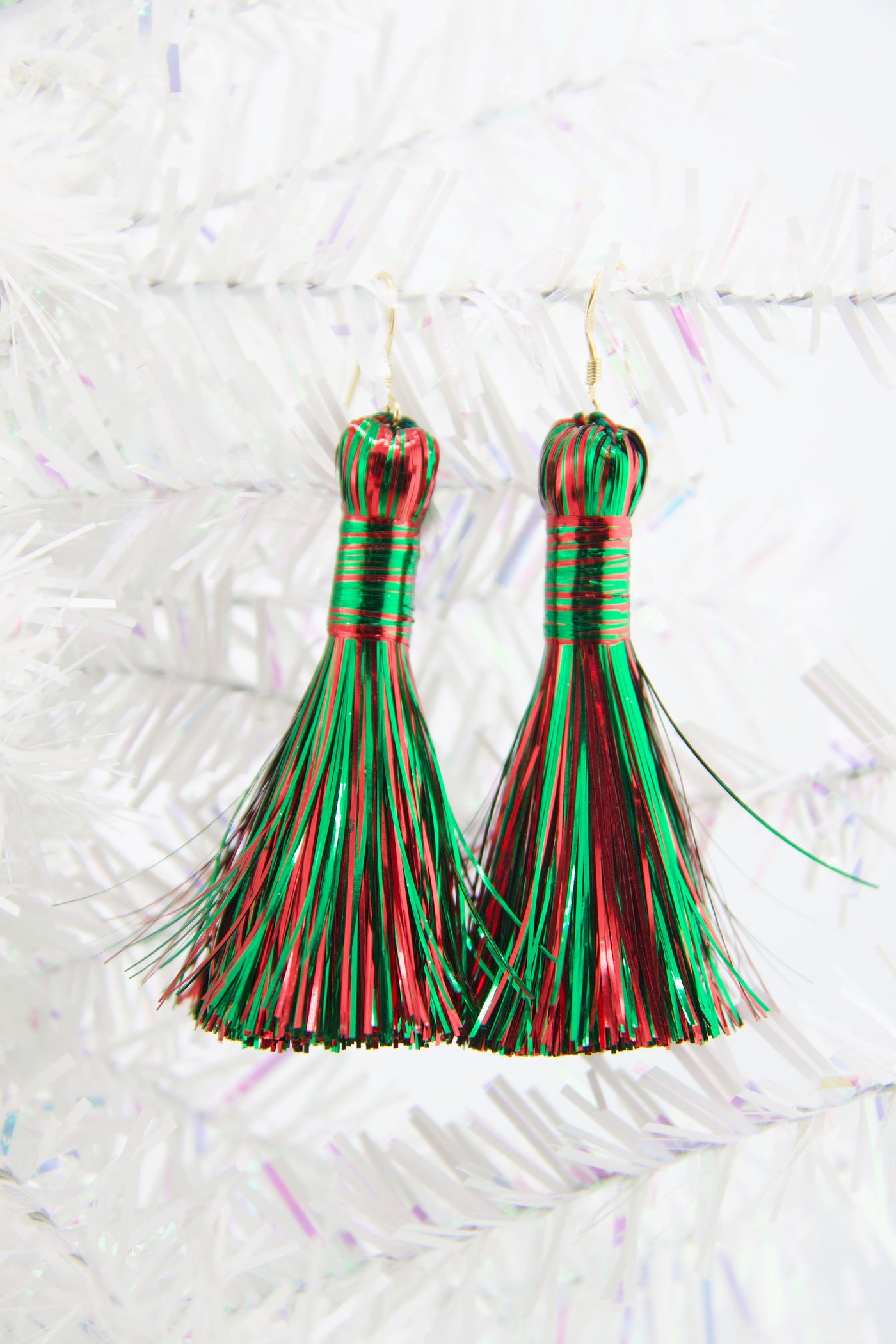 Red & Green Christmas Tinsel Tassel Earrings, 2.25" Metallic Jewelry Making Tassels, 2 pcs