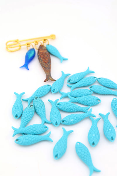 Blue Turquoise Moss Fish Charm, German Resin, 27mm, 1 Pendant for DIY Fisherman Aesthetic Jewelry