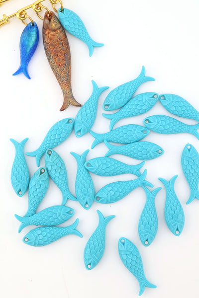 Blue Turquoise Moss Fish Charm, German Resin, 27mm, 1 Pendant for DIY Fisherman Aesthetic Jewelry