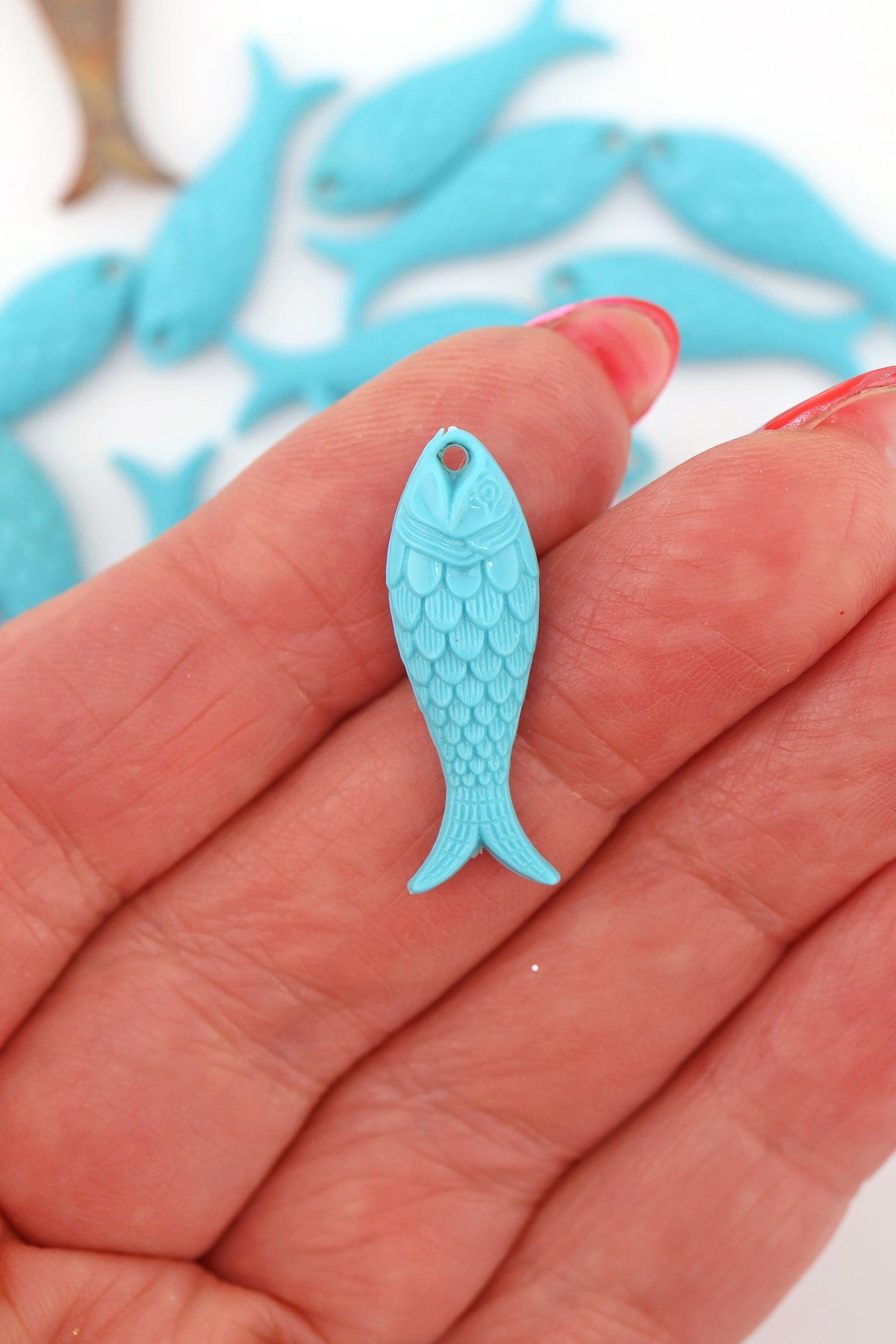 Blue Turquoise Moss Fish Charm, German Resin, 27mm, 1 Pendant for DIY Fisherman Aesthetic Jewelry